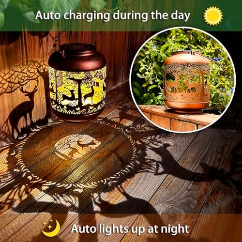 TIGGSY Deer Solar Lanterns Outdoor Waterproof Hanging Solar Lights Deer Gifts for Women Men Metal Decorative LED Lanterns for Yard, Patio, Lawn, Tabletop, Pathway, Landscape, Garden Decor - Image 3