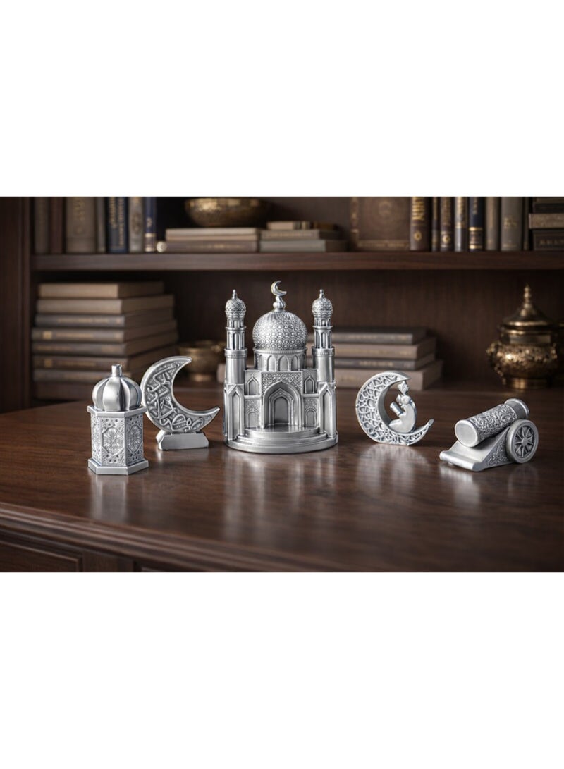 طقم تحف ديكورية إسلامية من الريزن – 5 قطع – ديكور منزلي وديكور رمضان – جامع، هلالين، مدفع رمضاني وقبة - Image 1