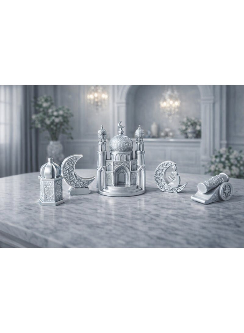 طقم تحف ديكورية إسلامية من الريزن – 5 قطع – ديكور منزلي وديكور رمضان – جامع، هلالين، مدفع رمضاني وقبة - Image 2