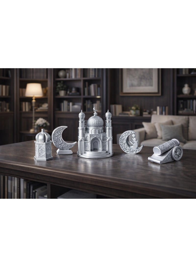 طقم تحف ديكورية إسلامية من الريزن – 5 قطع – ديكور منزلي وديكور رمضان – جامع، هلالين، مدفع رمضاني وقبة - Image 3