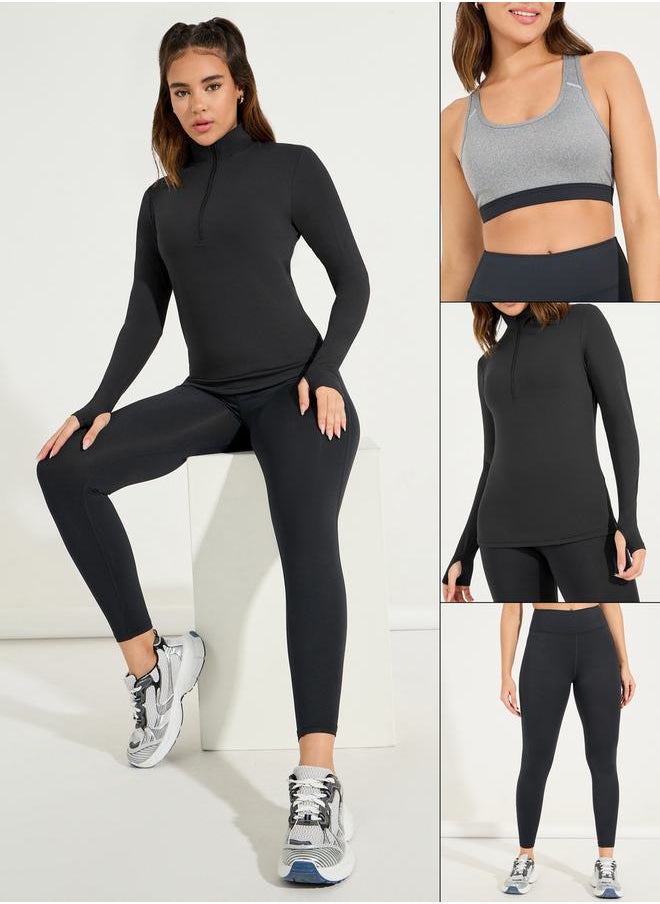 Styli Pack of 3 - Half Zip Up Thumbhole Detail Top, Sports Bra & Leggings Set  - Image 1