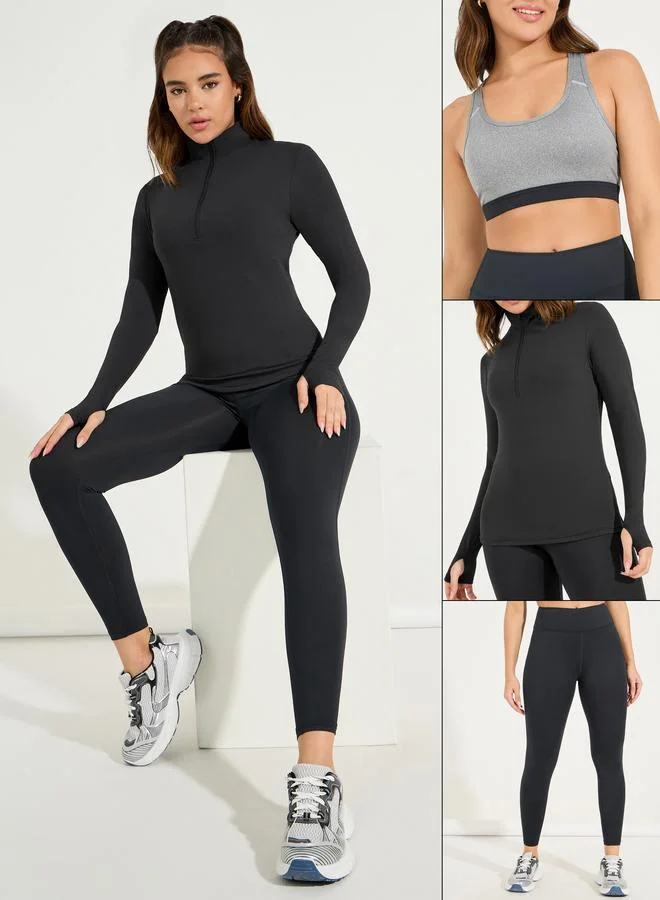 Styli Active Pack of 3 - Half Zip Up Thumbhole Detail Top- Sports Bra and Leggings Set