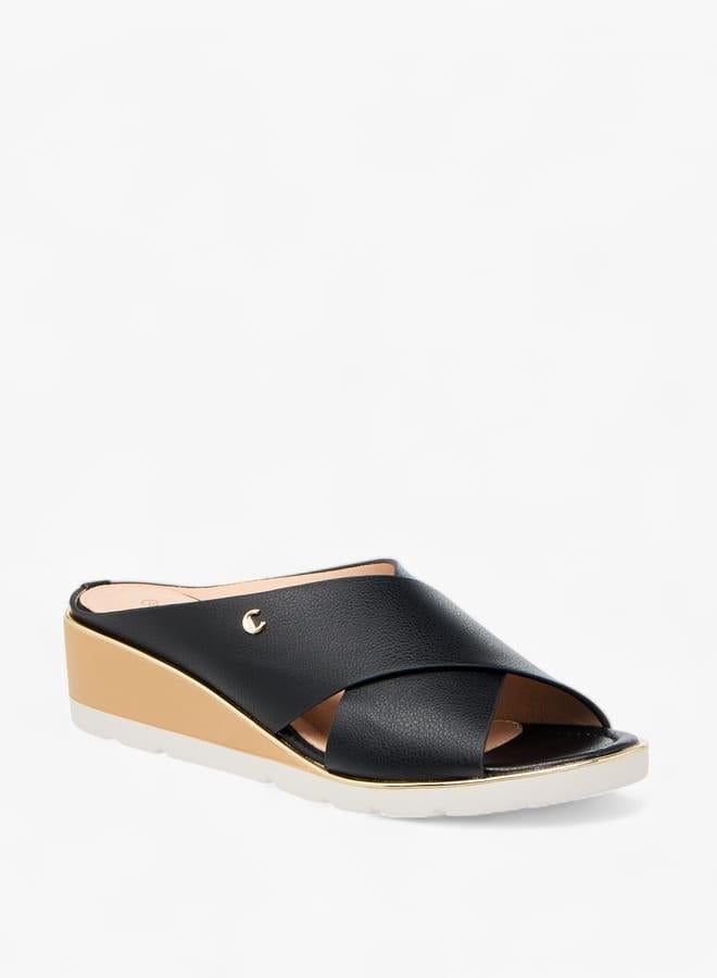 لو كونفورت صنادل نسائية بكعب ويدج وأشرطة متقاطعة بلون سادة - Image 1