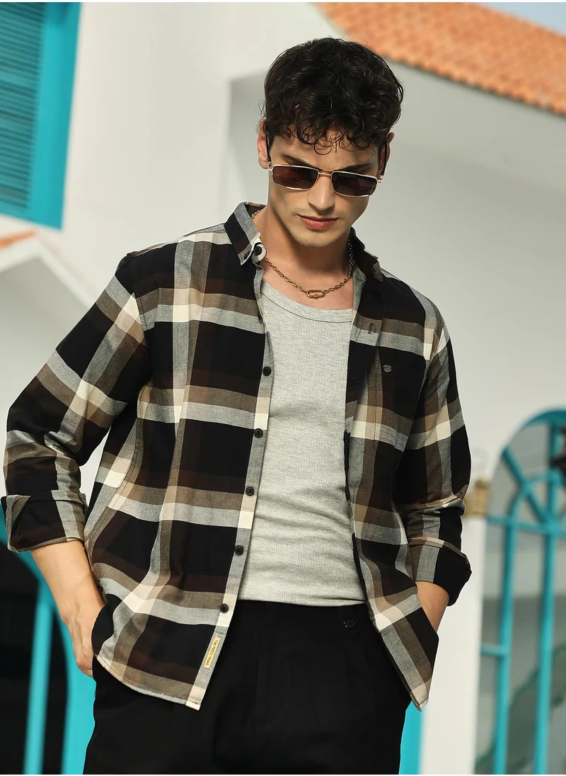 Campus Sutra Men's Onyx Black & Saltbox Beige Pixelated-Check Relaxed Shirt