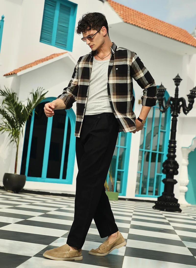 Campus Sutra Men's Onyx Black & Saltbox Beige Pixelated-Check Relaxed Shirt