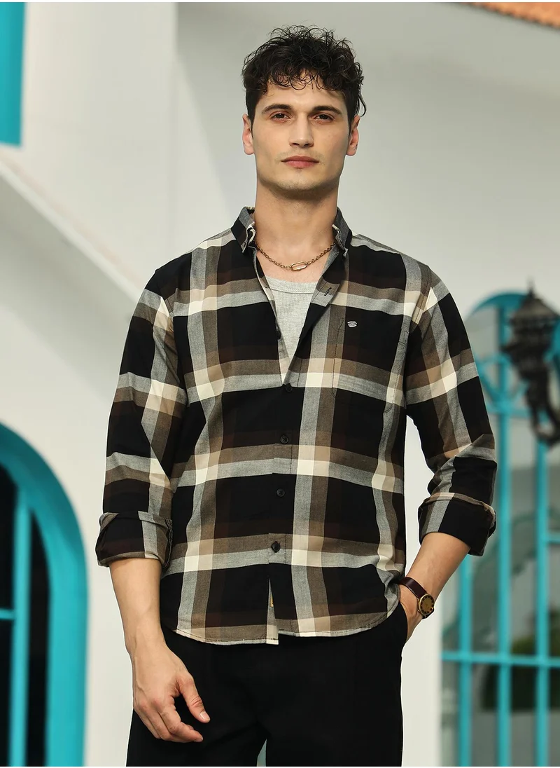 Campus Sutra Men's Onyx Black & Saltbox Beige Pixelated-Check Relaxed Shirt