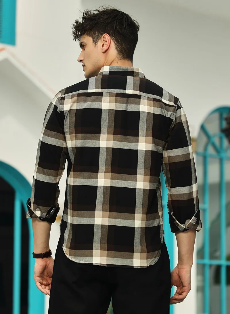 Campus Sutra Men's Onyx Black & Saltbox Beige Pixelated-Check Relaxed Shirt