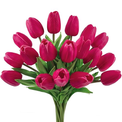Beferr 18pcs Tulips Artificial Flowers Faux Tulip Real Touch Fake Flowers Bouquets Arrangements for Mothers Day Easter Spring Flowers Gifts Home Table Decor Rose Red - Image 1