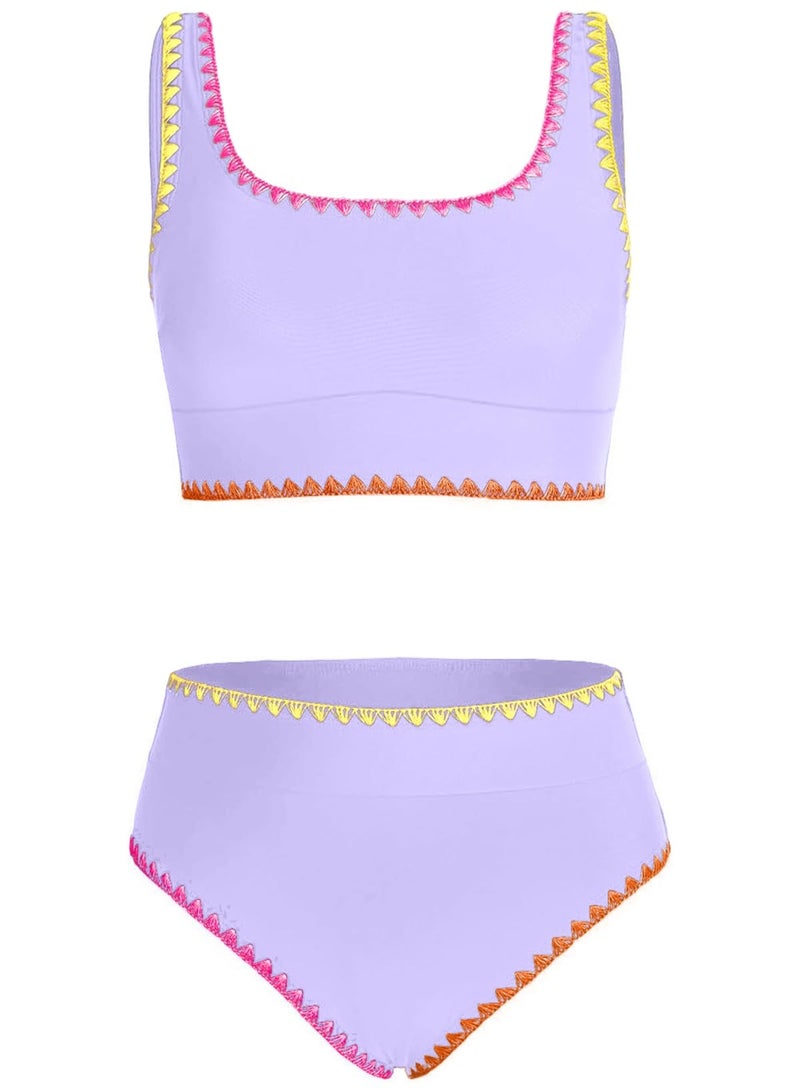 blibean Tween Girl Swimsuits Little Kids Girls Summer Swim Bathing Suits Teen Fashion Two Piece Bikini Boho Hawaii Swimwear Beach Sets Traje Baño Niñas Size 8-9 Year Old Purple - Image 1