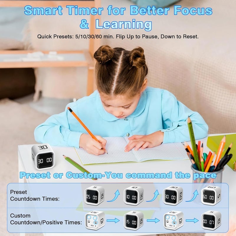 Wbacon Cube Pomodoro Timer, Smart Productivity Timer 5/10/30/60 Minutes & Custom Countdown, Pause & Resume, Adjustable & Silent Visual Timer, Portable Rotation Multi Desk Timer for Study Task Work Kitchen - Image 3