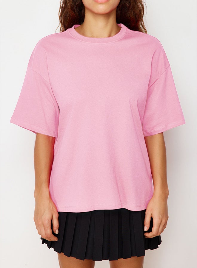 trendyol Light Pink 100% Cotton Premium Oversize/Wide Pattern Crew Neck Knitted T-Shirt TWOSS23TS00040 - Image 5