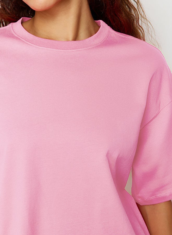 trendyol Light Pink 100% Cotton Premium Oversize/Wide Pattern Crew Neck Knitted T-Shirt TWOSS23TS00040 - Image 4