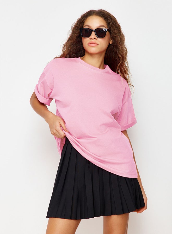 trendyol Light Pink 100% Cotton Premium Oversize/Wide Pattern Crew Neck Knitted T-Shirt TWOSS23TS00040 - Image 2