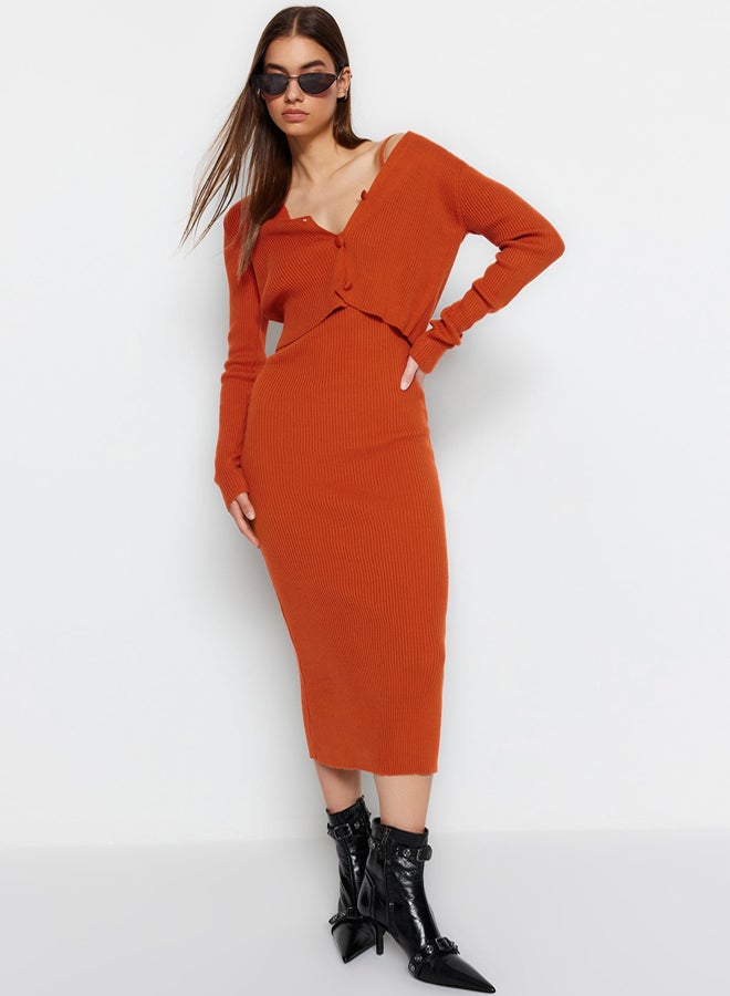 trendyol Tile Fitted Midi Knitwear Cardigan Dress Suit - Image 1