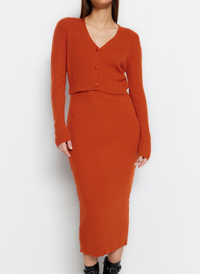 trendyol Tile Fitted Midi Knitwear Cardigan Dress Suit - Image 4