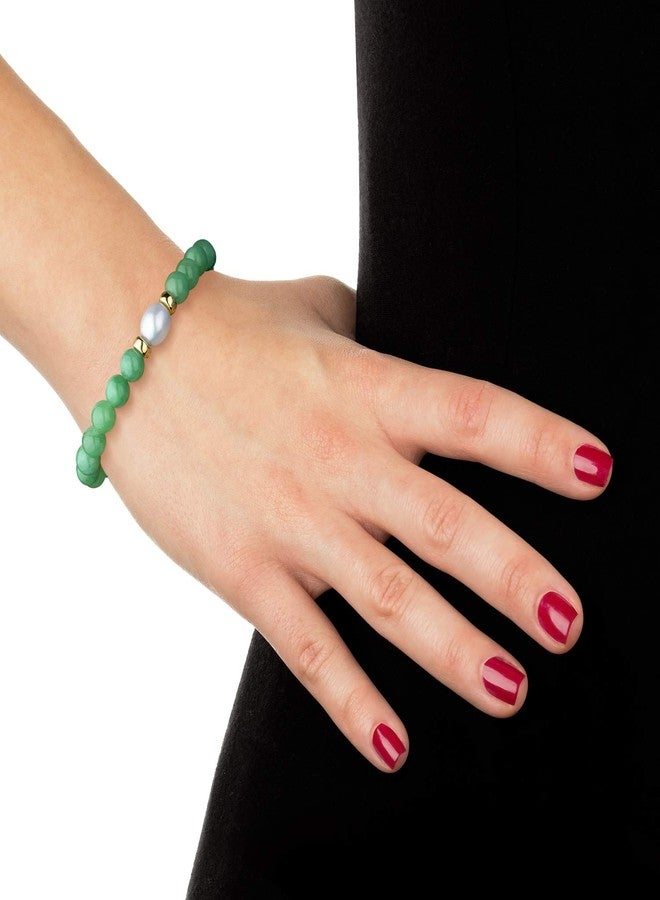 Belacqua Natural Green Jade and White Cultured Freshwater Pearl Strech Bracelet in 14K Yellow Gold Beads, Size- 8.5-9.5mm, Length 6.5 Inches, Real Pearl Jewelry for Women, Gift Box Included - Image 3