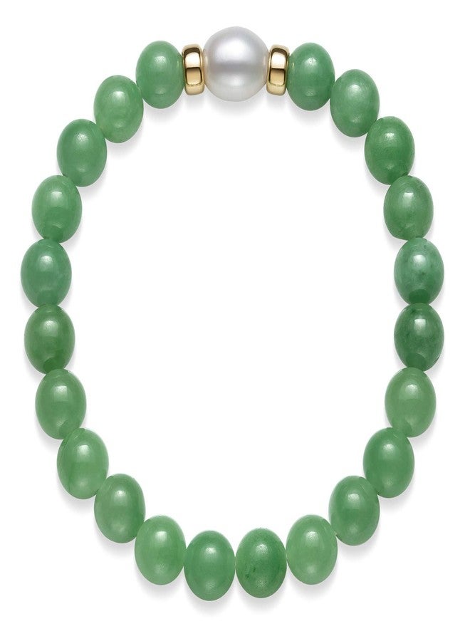 Belacqua Natural Green Jade and White Cultured Freshwater Pearl Strech Bracelet in 14K Yellow Gold Beads, Size- 8.5-9.5mm, Length 6.5 Inches, Real Pearl Jewelry for Women, Gift Box Included - Image 1