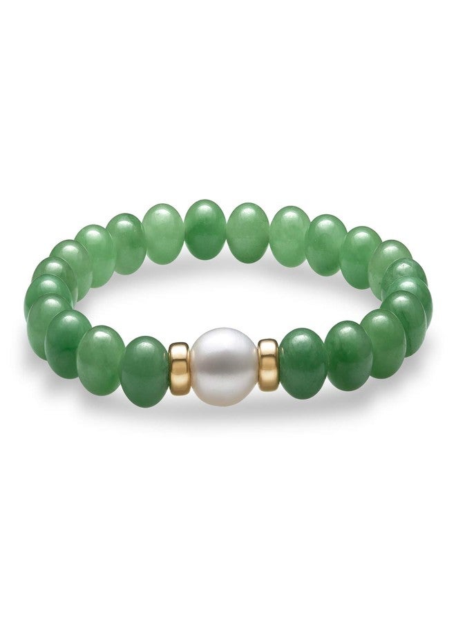 Belacqua Natural Green Jade and White Cultured Freshwater Pearl Strech Bracelet in 14K Yellow Gold Beads, Size- 8.5-9.5mm, Length 6.5 Inches, Real Pearl Jewelry for Women, Gift Box Included - Image 2