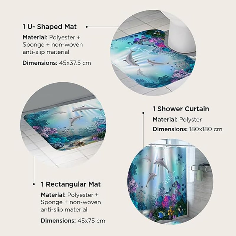 Kuber Industries Shower Curtain & Bathmat Set | Non-Slip Bath mats for Bathroom | Easy-Slide Curtains | Polyester Curtain or Bathmat for Bath D?cor | YF6-3T | 3 Pcs Set | Multicolor - Image 3