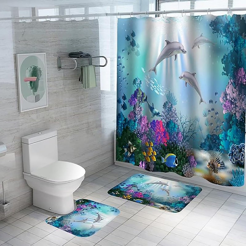 Kuber Industries Shower Curtain & Bathmat Set | Non-Slip Bath mats for Bathroom | Easy-Slide Curtains | Polyester Curtain or Bathmat for Bath D?cor | YF6-3T | 3 Pcs Set | Multicolor - Image 1