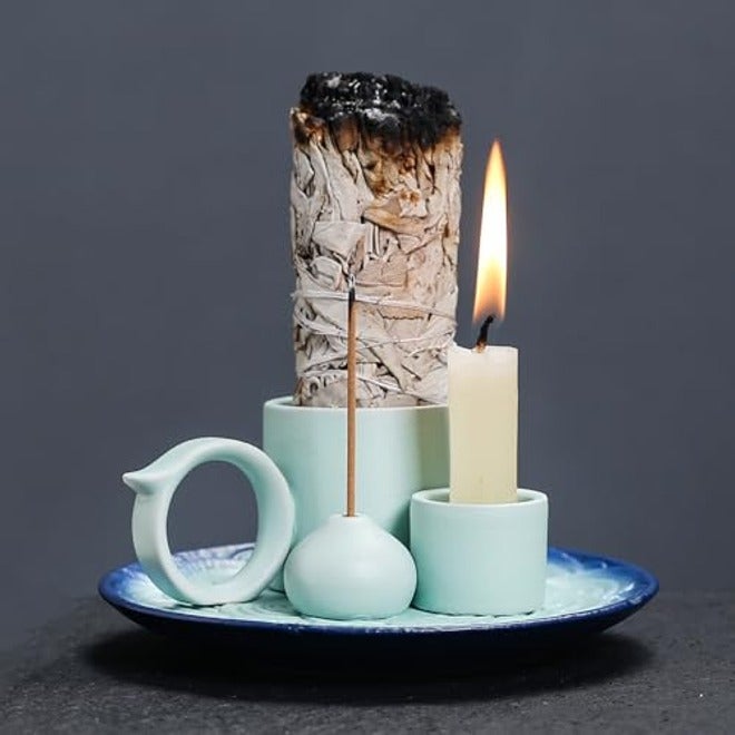 4-in-1 Ceramic Incense Burner with Handle for Sage, Palo Santo, Joss Sticks & Candles