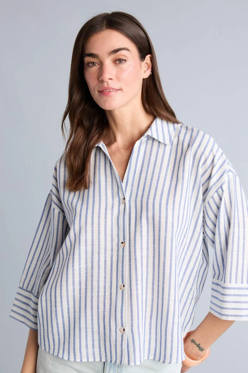 ديفاكتو Oversize Fit Flap Collar Linen Look Striped Long Sleeve Shirt