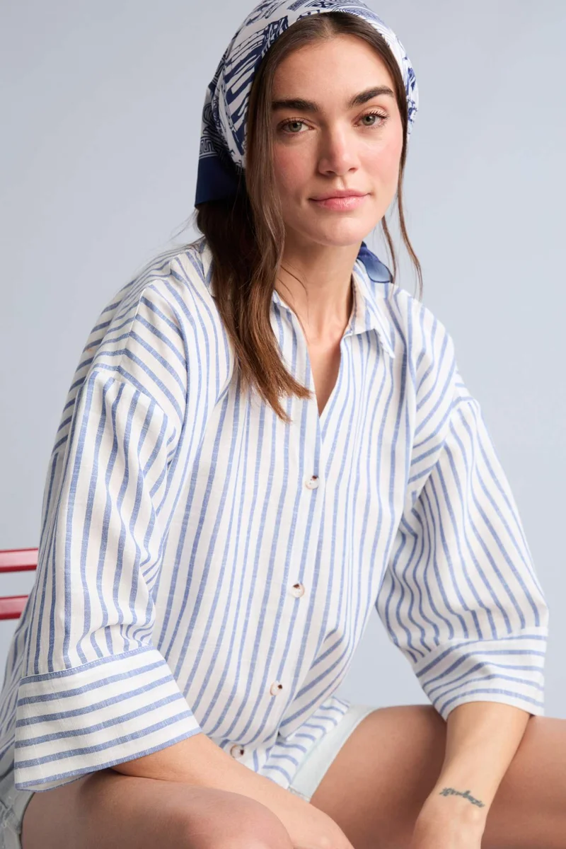 ديفاكتو Oversize Fit Flap Collar Linen Look Striped Long Sleeve Shirt