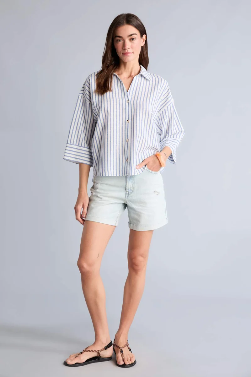 ديفاكتو Oversize Fit Flap Collar Linen Look Striped Long Sleeve Shirt