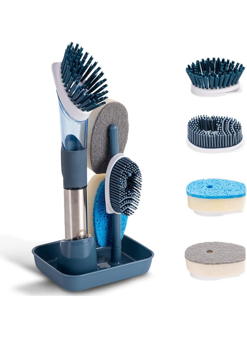 Arabest Dish Cleaning Brush, Soap Dispensing Dish Brush Set with 4 Replacement Heads and Storage Holder, Kitchen Scrub Brush for Dish Pot Pan Sink Cleaning (Blue)  - Image 1