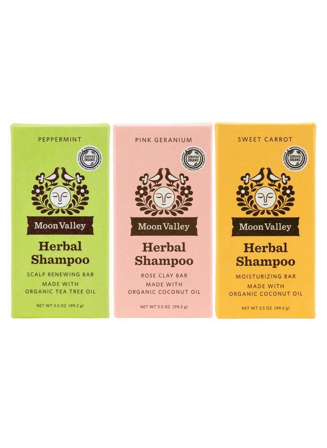 Moon Valley Organics - Herbal Shampoo Bar – Peppermint, Sweet Carrot, Pink Geranium, 3 Pack Bundle - Image 1