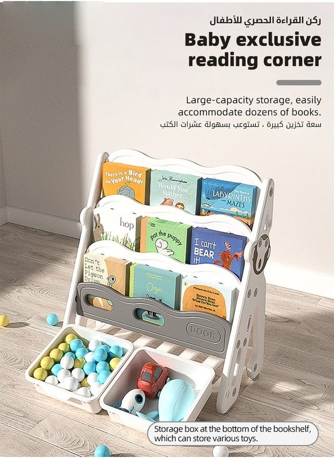 بيوينتي رف كتب للأطفال، منظم رفوف الكتب للأطفال مع رفين لتخزين الألعاب الرضع، رفوف كتب من مادة PP برسوم كرتون - مجموعة منظم التخزين  - Image 2