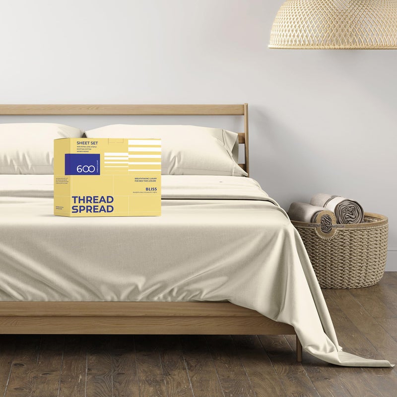 THREAD SPREAD 100 Egyptian Cotton Sheets Set Full Size  600 Thread Count Sheets 4 PC 16 Deep Pocket Full Size Sheets Set High Thread Count Soft Cooling Sateen Weave Hotel Luxury Sheets Set  Ivory