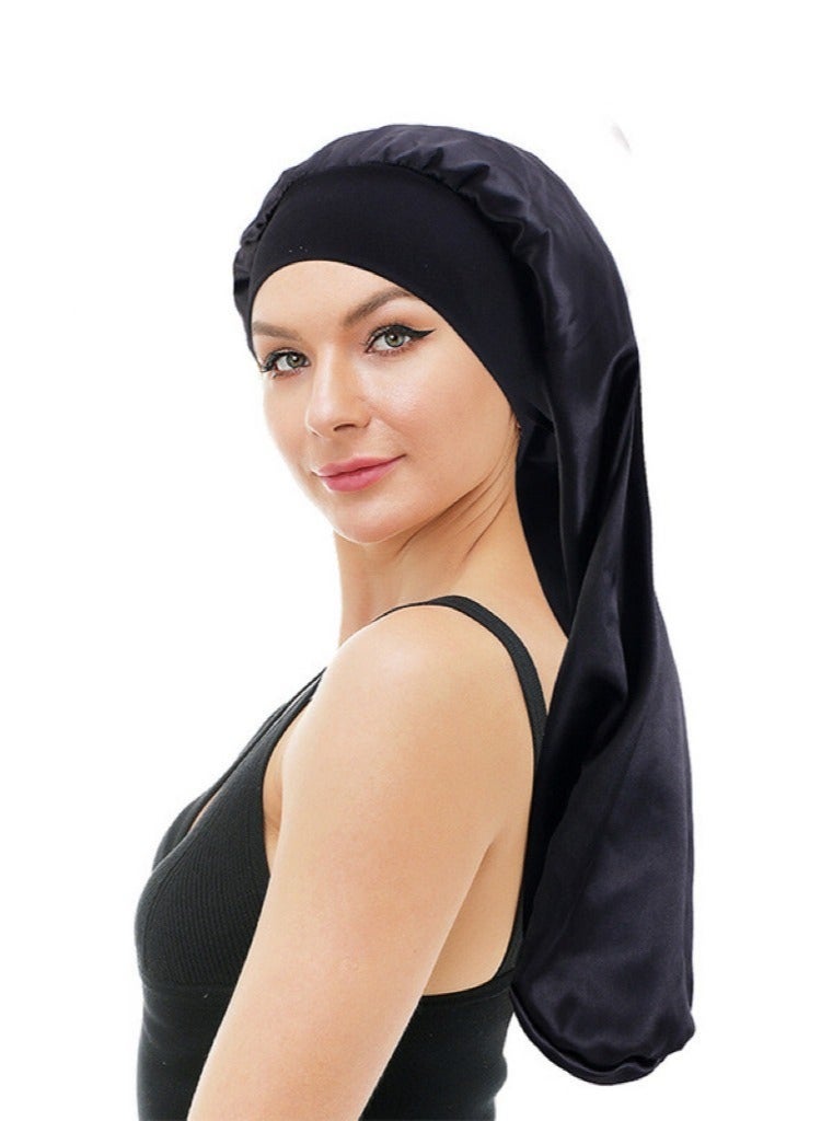 GlamKit Satin Bonnet Sleep Cap Silk for Natural Hair Long Extra Large Bonnets Women Night Wide Elastic Band Very Soft Comfortable Black - Image 2