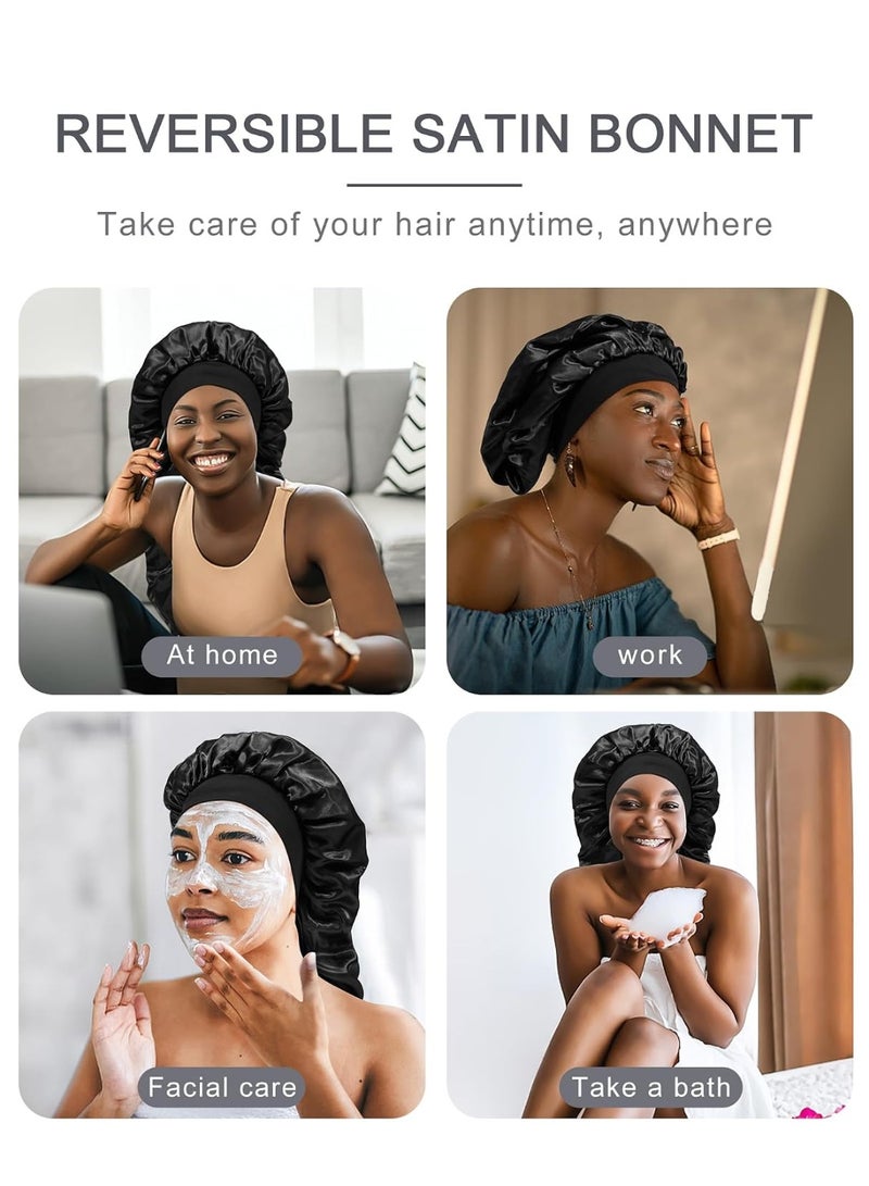 GlamKit Satin Bonnet Sleep Cap Silk for Natural Hair Long Extra Large Bonnets Women Night Wide Elastic Band Very Soft Comfortable Black - Image 3