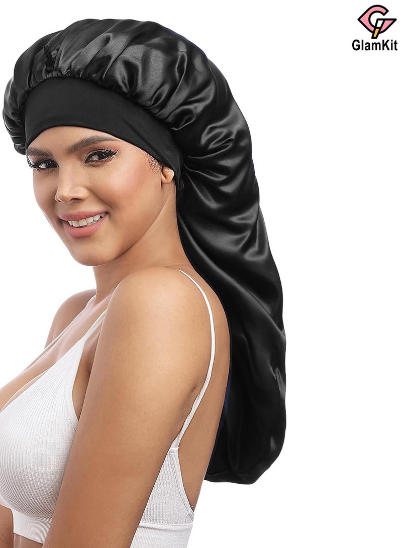 GlamKit Satin Bonnet Sleep Cap Silk for Natural Hair Long Extra Large Bonnets Women Night Wide Elastic Band Very Soft Comfortable Black - Image 1