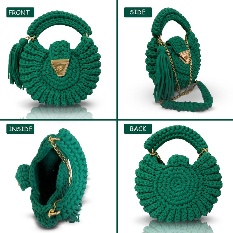CHQEL Handmade Green Round Evening Clutch Bag for Women, Oyster Handmade Crochet Wedding Purse, Crossbody Handbag with Tassel (GREEN MUSSEL) - Image 5