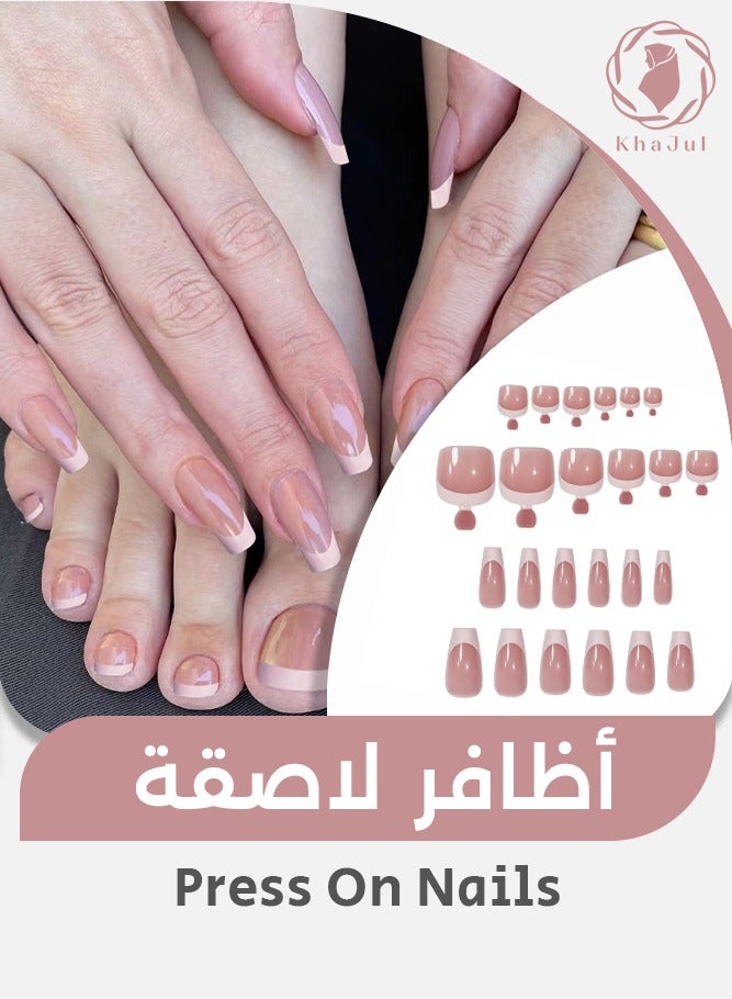 KHAJUL New Arrival Press On Toenails with Jelly Stickers and Nail File, Glossy Full Cover Acrylic Glue for Women Manicure (48-Piece Pink) - Image 1