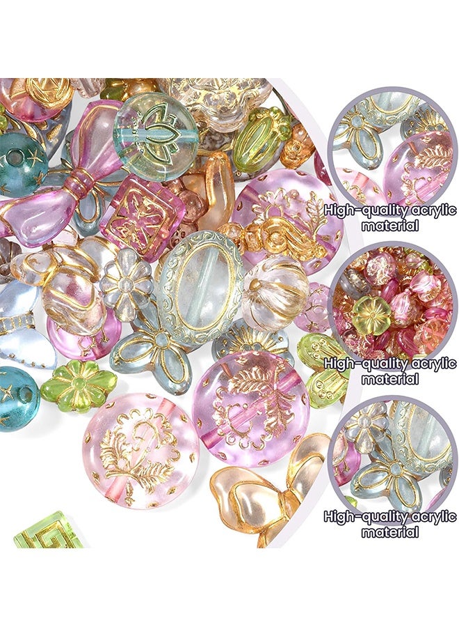 50-70 Pcs Cute Assorted Kawaii Aesthetic Beads Assorted Bohemia Acrylic Beads Heart Butterfly Flower Round Oval Czech Bead Bulk Metal Enlaced Transparent Aesthetic Bead for Jewelry Making DIY Craft - Image 5