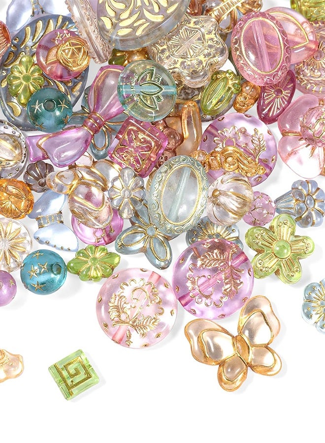 50-70 Pcs Cute Assorted Kawaii Aesthetic Beads Assorted Bohemia Acrylic Beads Heart Butterfly Flower Round Oval Czech Bead Bulk Metal Enlaced Transparent Aesthetic Bead for Jewelry Making DIY Craft - Image 1