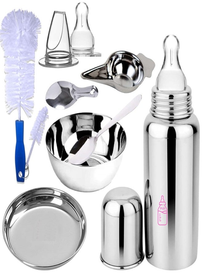 PGD New Born Baby Essential Steel Feeding Utensils Gift Set- Feeding Bottle, Feeder, Bowl, Plate, Idly Spoon, Spoon, Cleaning Brush Set, Sipper and Nipple (200ml Essential Utensils Gift Set) - Image 1