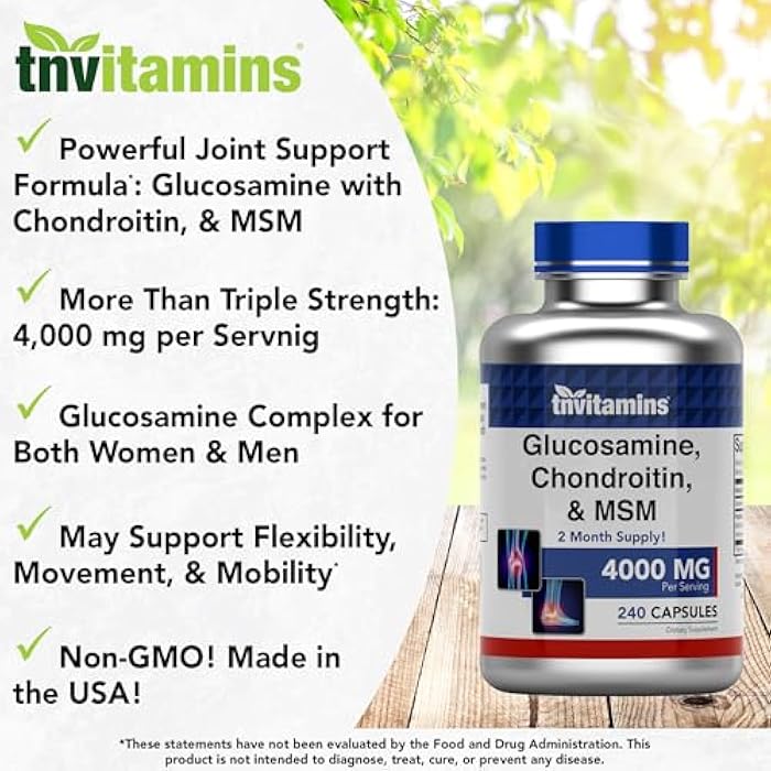 tnvitamins Glucosamine Chondroitin MSM Capsules, 240 Count | 4,000 mg Per Serving | 2,000 mg Glucosamine Sulfate 2KCl + 2,000 mg MSM & Chondroitin Blend | Joint Support Supplement - Image 3