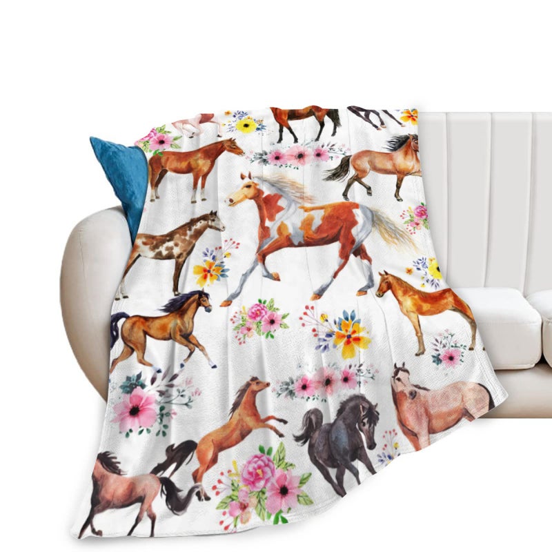 exroozy Horse Blanket Gifts for Girls Women Western Horses Flowers Fleece Flannel Throw Blankets Soft Lightweight Horse Plush Stuffed Animal Florals Throws for Horse Lovers Kids Adults Bed Sofa Decor 50""x40"" - Image 1