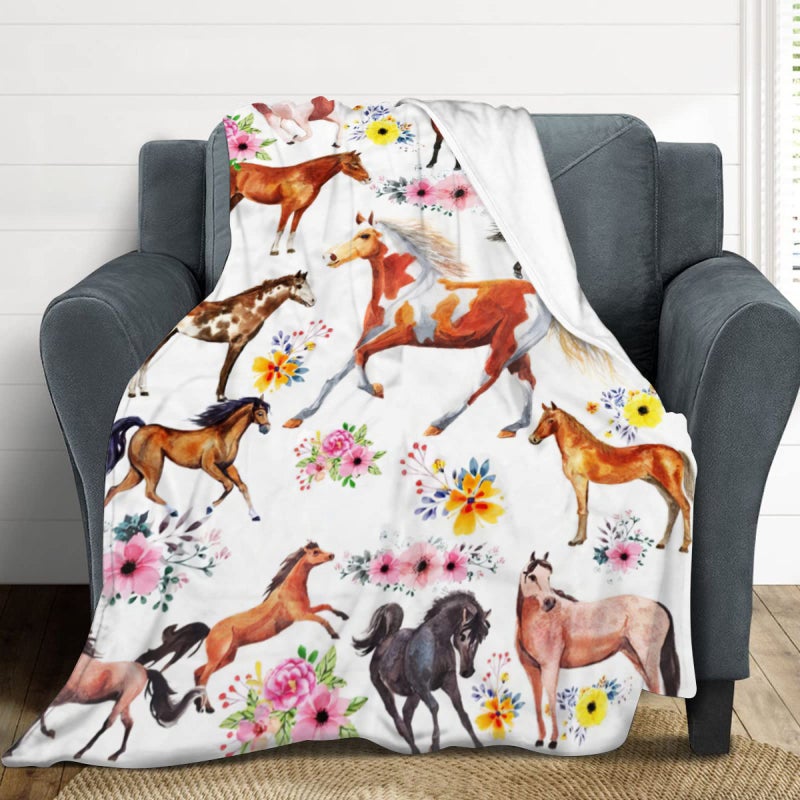 exroozy Horse Blanket Gifts for Girls Women Western Horses Flowers Fleece Flannel Throw Blankets Soft Lightweight Horse Plush Stuffed Animal Florals Throws for Horse Lovers Kids Adults Bed Sofa Decor 50""x40"" - Image 4