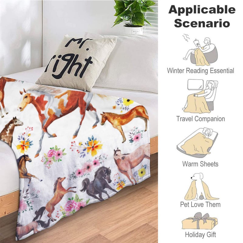 exroozy Horse Blanket Gifts for Girls Women Western Horses Flowers Fleece Flannel Throw Blankets Soft Lightweight Horse Plush Stuffed Animal Florals Throws for Horse Lovers Kids Adults Bed Sofa Decor 50""x40"" - Image 5
