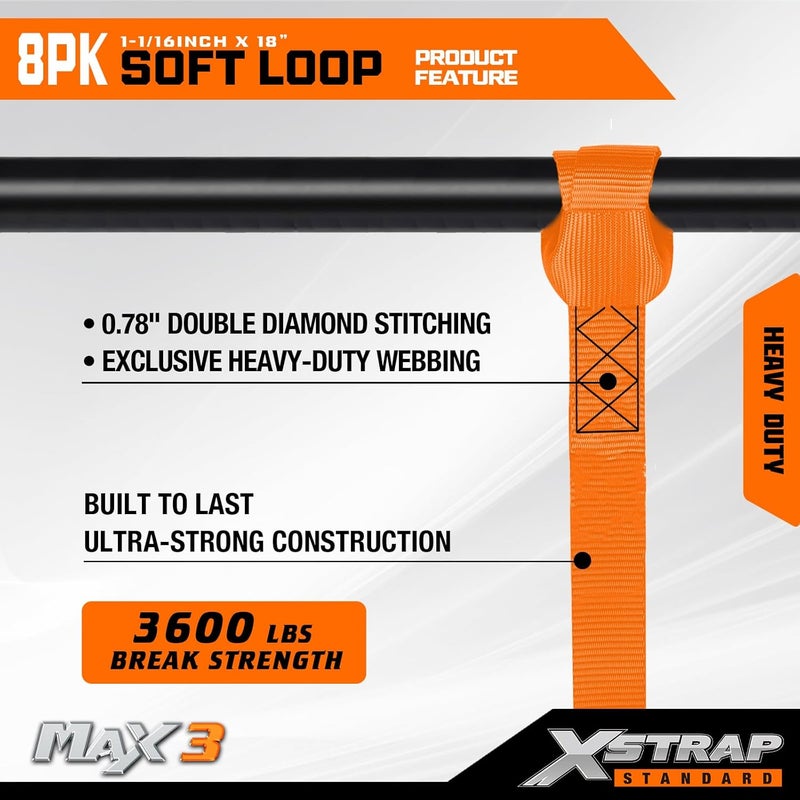 XSTRAP STANDARD حزام ذو حلقة ناعمة للربط – 8 حزامات في العبوة، المواصفات: - الطول: 18 بوصة + 1/16 بوصة - العرض: 1/16 بوصة - قوة الكسر: 3600 رطل - اللون: برتقالي - الاستخدام: لتثبيت الدراجات، القوارب الرياضية البرية (ATV)، الدراجات النارية، السكوترات، الدراجات الجرارة، معدات الحدائق - Image 5