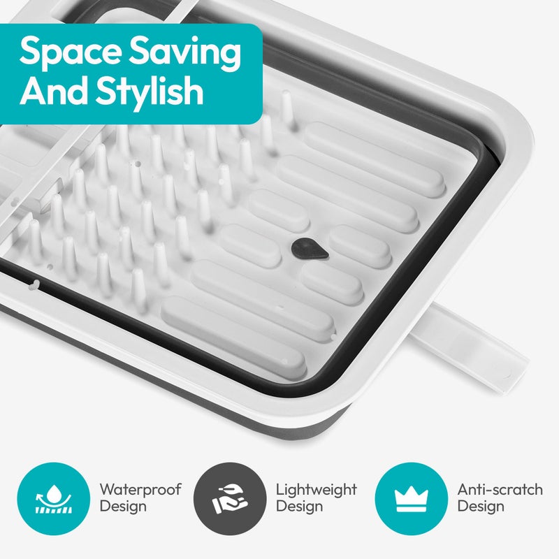 Masirs Pop-Up Collapsible Dish Drying Rack - Convenient Storage - Drains into Sink - Eight Large Plate Capacity - Sectional Cutlery and Utensil Compartment - Compact and Portable Design (12 x 20 Inch) - Image 3