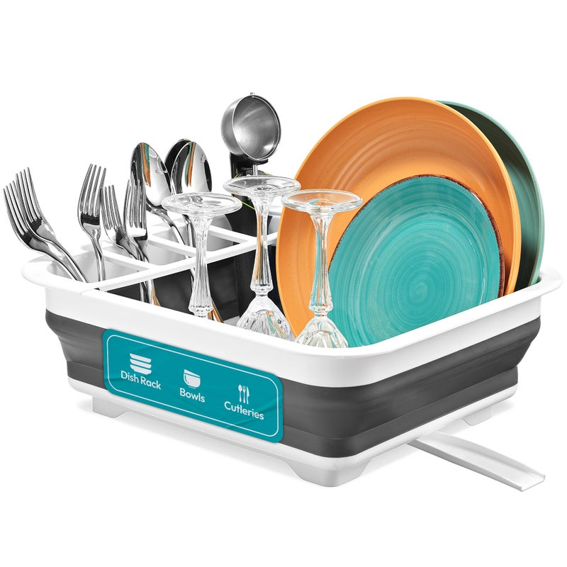 Masirs Pop-Up Collapsible Dish Drying Rack - Convenient Storage - Drains into Sink - Eight Large Plate Capacity - Sectional Cutlery and Utensil Compartment - Compact and Portable Design (12 x 20 Inch) - Image 1