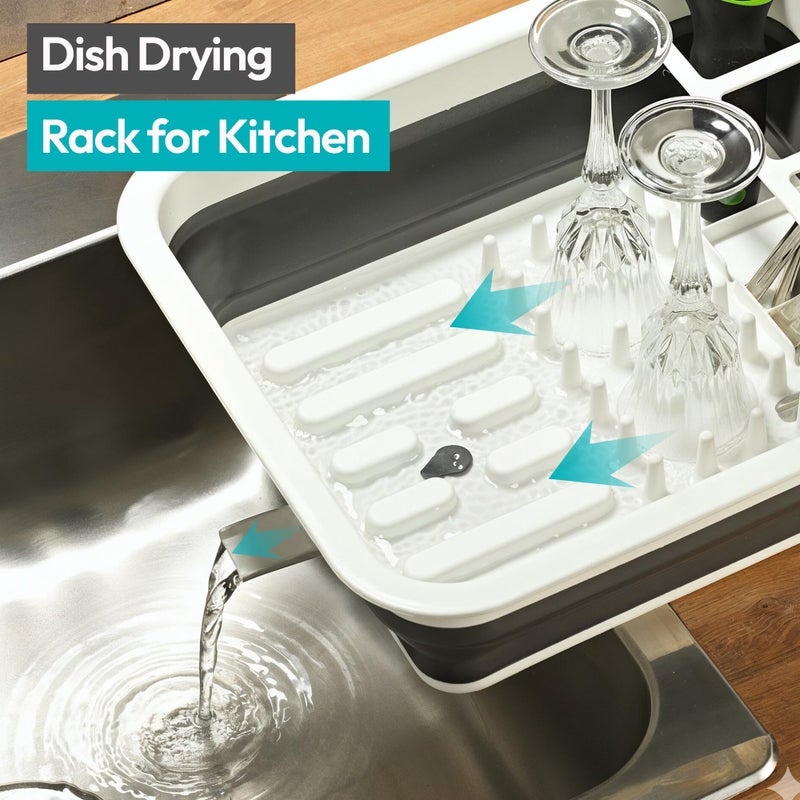 Masirs Pop-Up Collapsible Dish Drying Rack - Convenient Storage - Drains into Sink - Eight Large Plate Capacity - Sectional Cutlery and Utensil Compartment - Compact and Portable Design (12 x 20 Inch) - Image 2