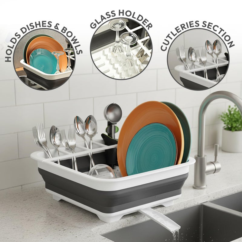 Masirs Pop-Up Collapsible Dish Drying Rack - Convenient Storage - Drains into Sink - Eight Large Plate Capacity - Sectional Cutlery and Utensil Compartment - Compact and Portable Design (12 x 20 Inch) - Image 4
