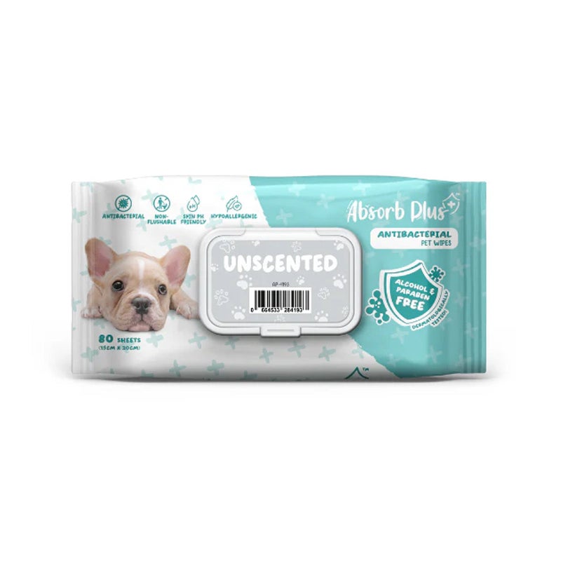 Absorb Plus Antibacterial Unscented Pet Wipes - 80 Sheets
